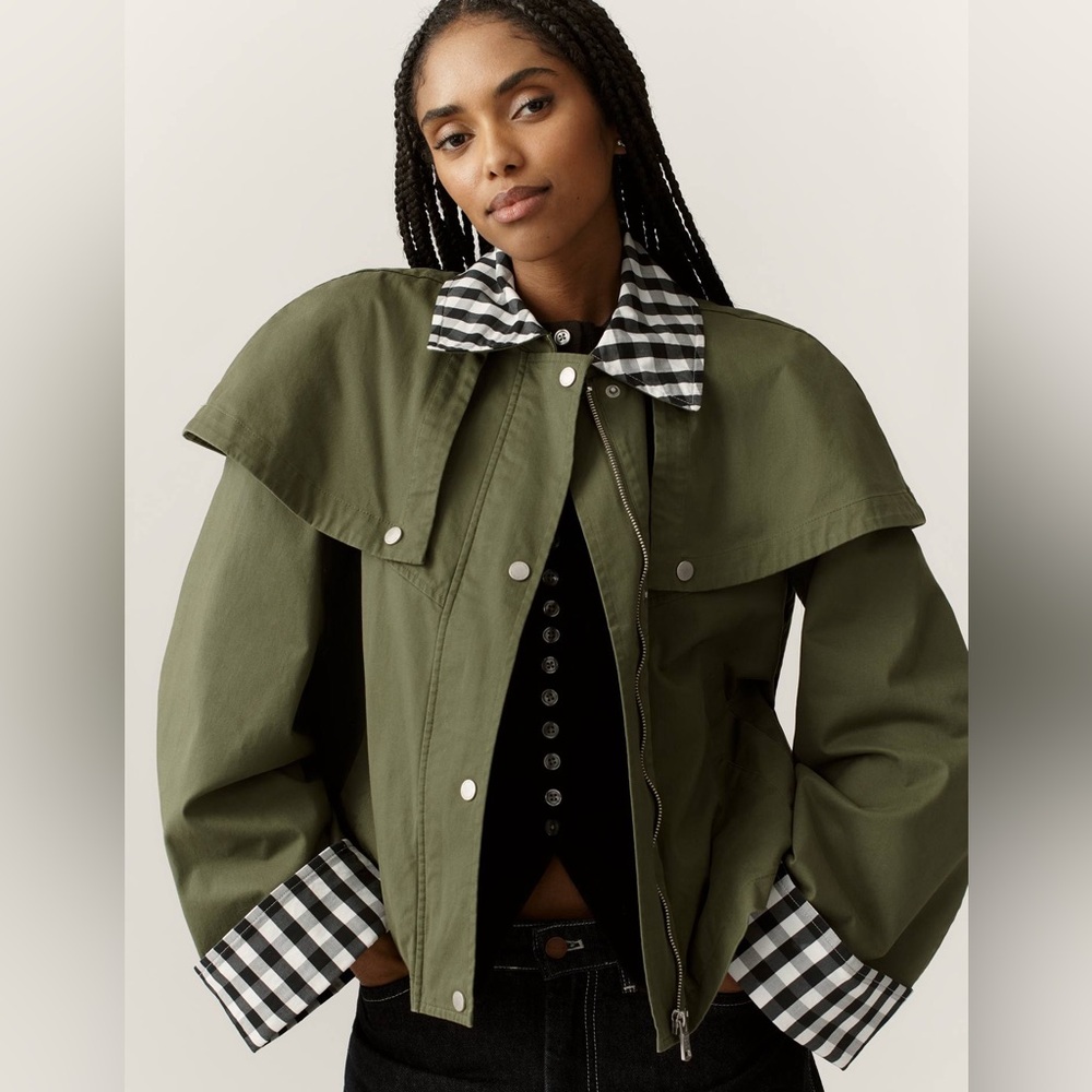 Avec Les Filles Olive 🫒 Gingham Trim Green Cap Jacket NWT